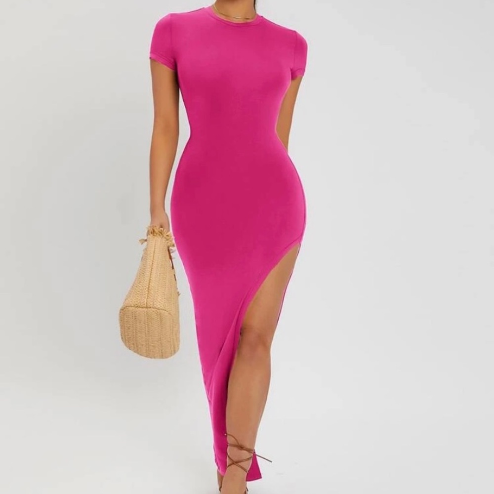 Solid Split Thigh Bodycon Dress - image 5